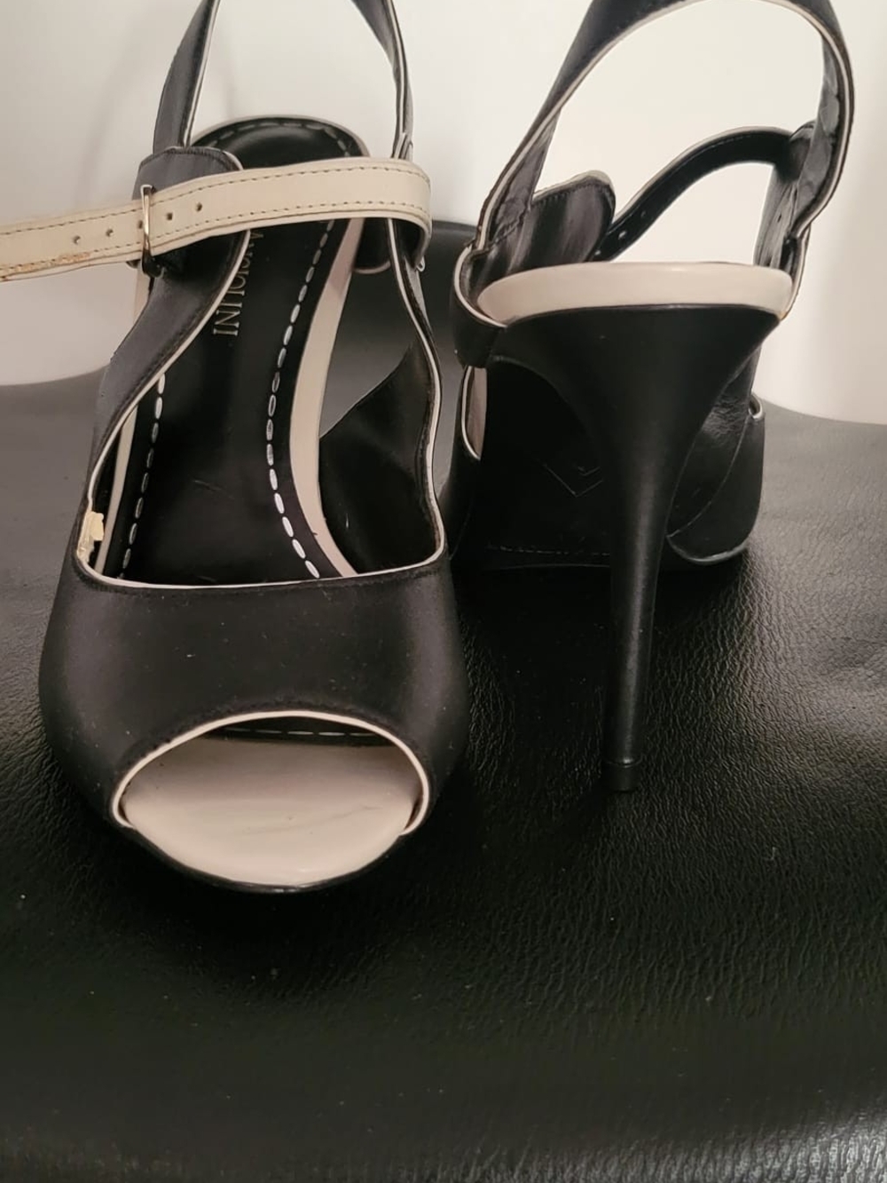 Enzo Angiolini Black and Cream Peep-Toe Stiletto Sandals